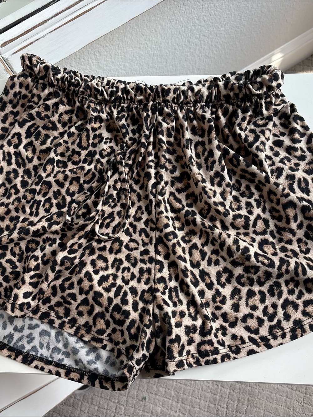Leopard Print Women's Drawstring Shorts - Beige/Black